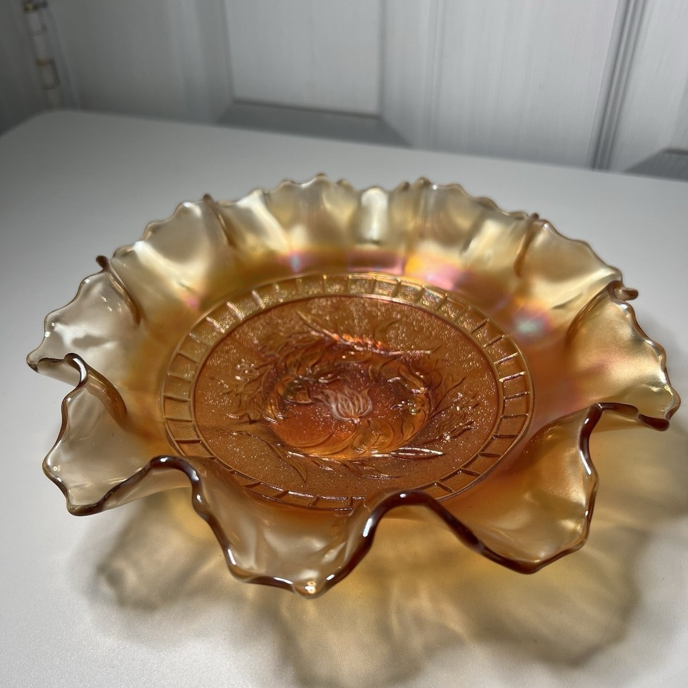 Antique Dugan Marigold Carnival Glass Windflower Ruffled Bowl 8.5" Circa 1911